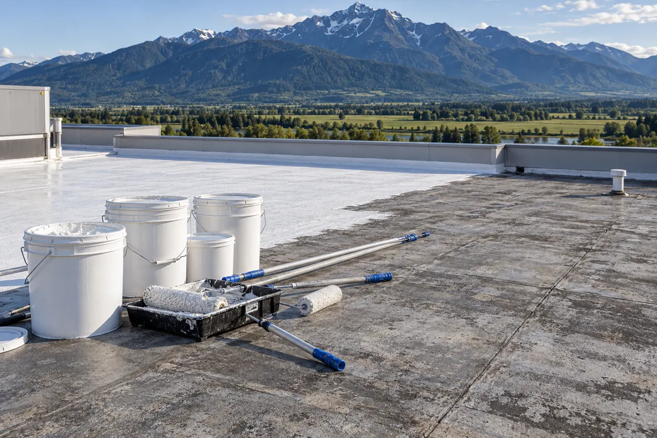 Acrylic coating pails, rollers, and brushes staged on a cleaned roof