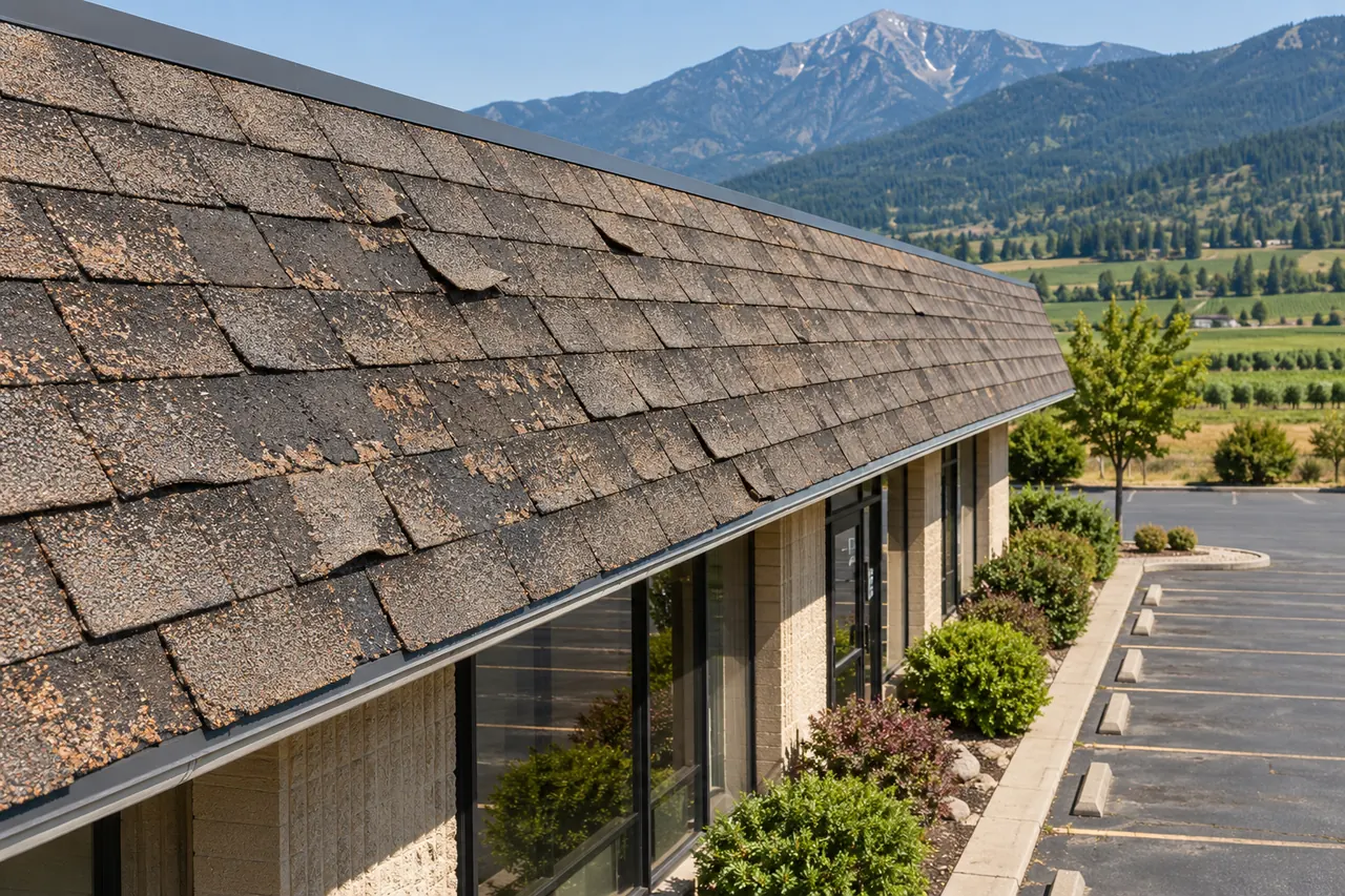 Aged asphalt shingles with granule loss along a commercial building eave