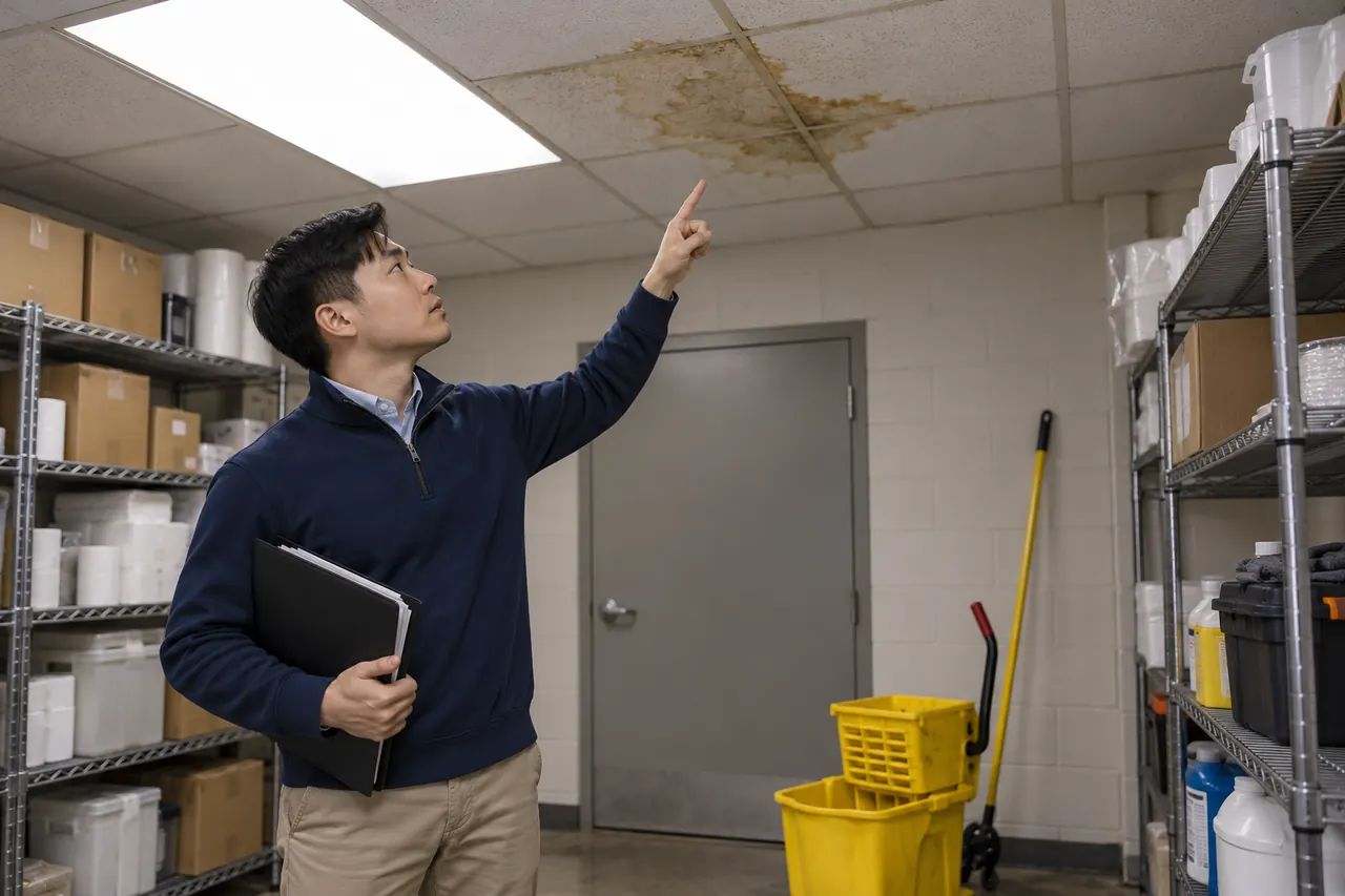 Facility manager pointing at a water stain on a storeroom ceiling tile