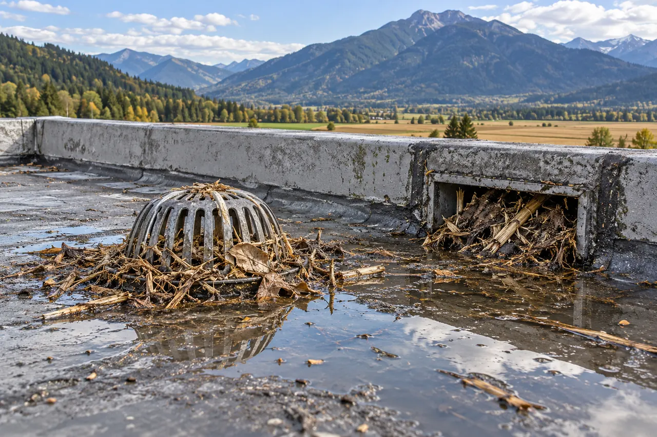 Roof drain and scupper clogged with debris beside standing water