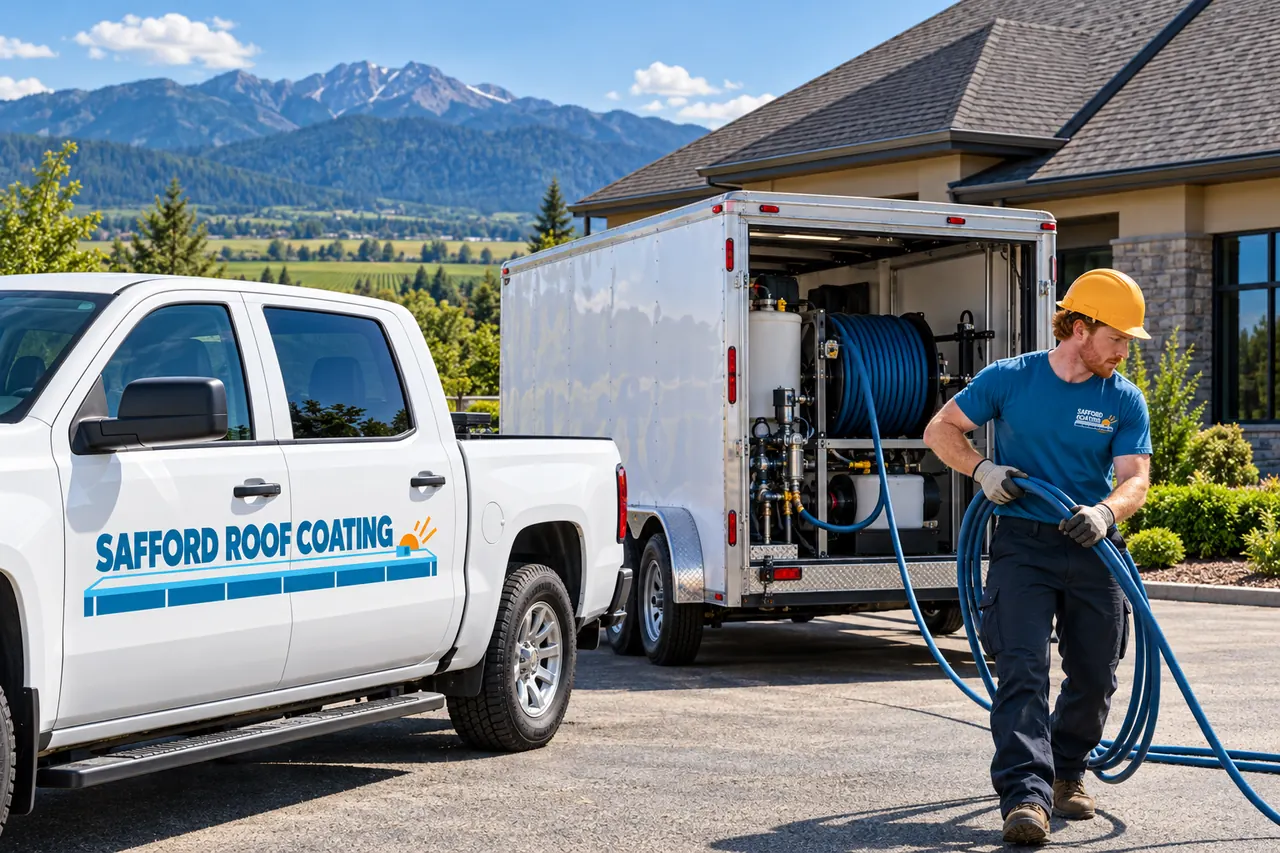 Roofer coiling hose beside a coating trailer and work truck in a commercial lot