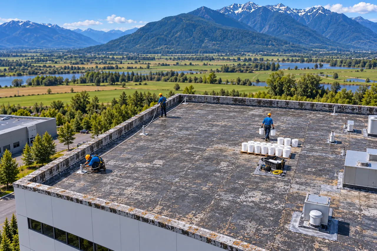 Crew staging coating pails and equipment on a large flat roof