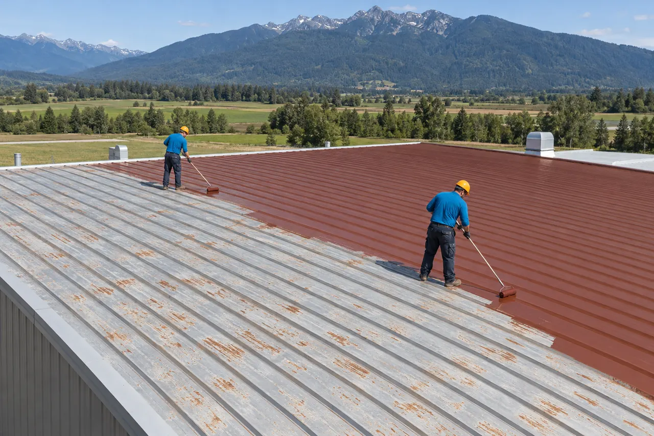 Roofers applying rust primer in strips across a metal panel shop roof