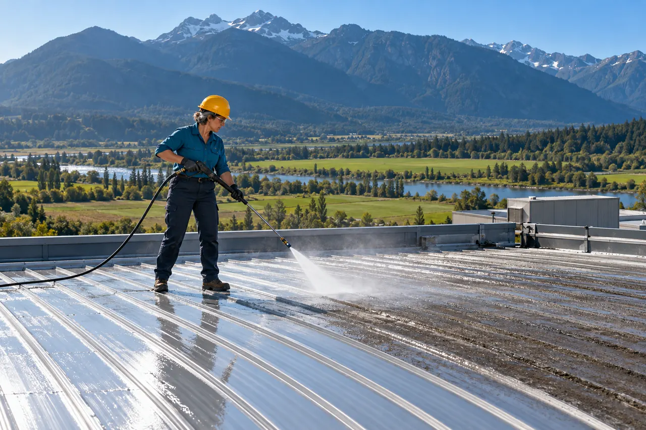 Roofer pressure-washing a metal panel roof before coating