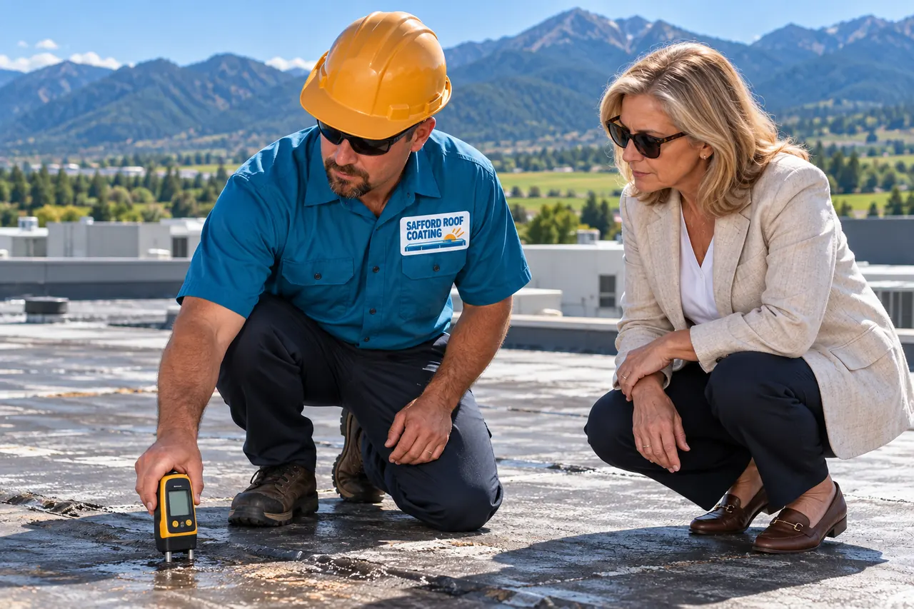 Roofer taking a moisture meter reading on a commercial roof beside the owner