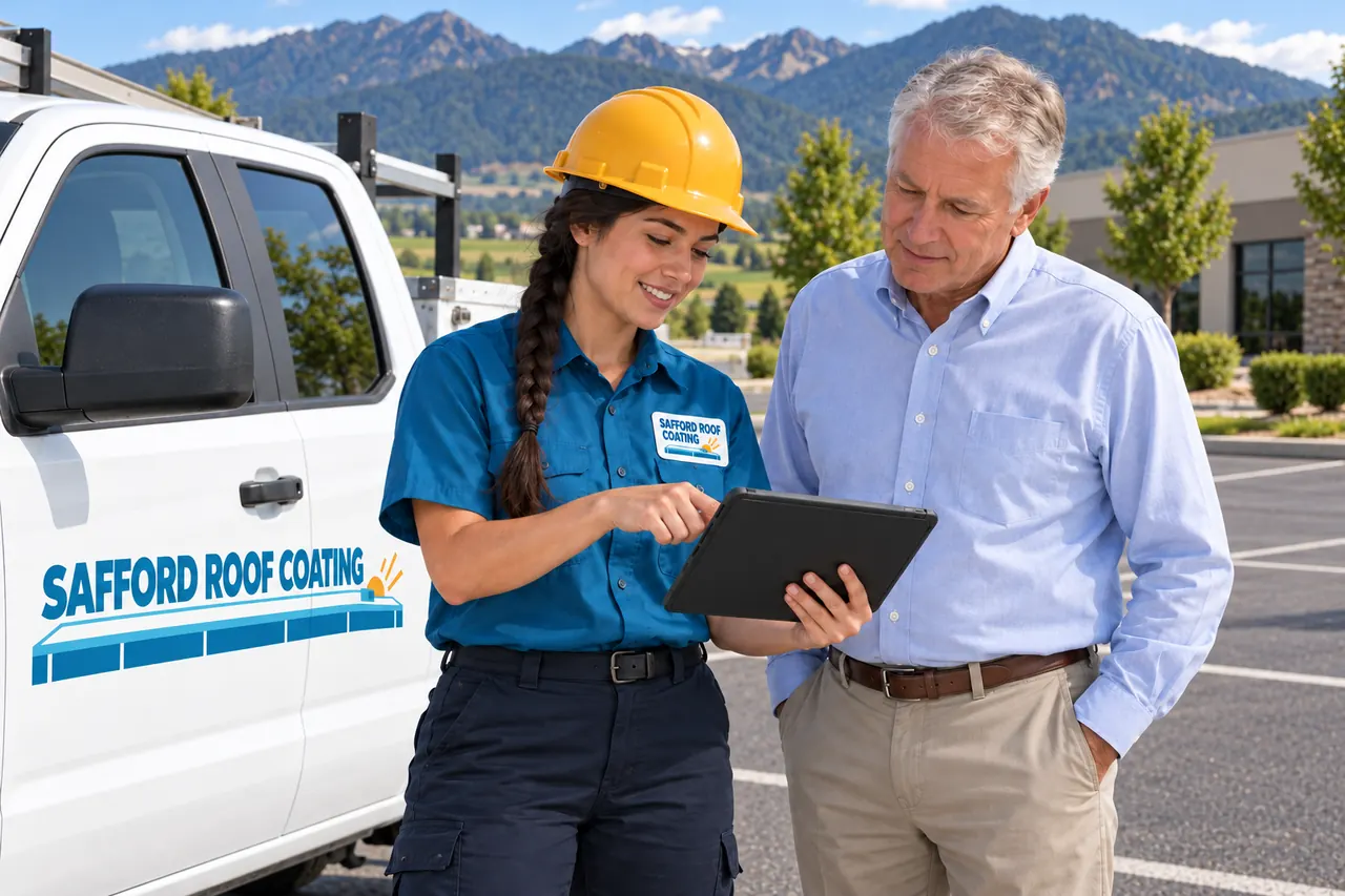 Roofer reviewing roof notes on a tablet with a building owner beside a work truck