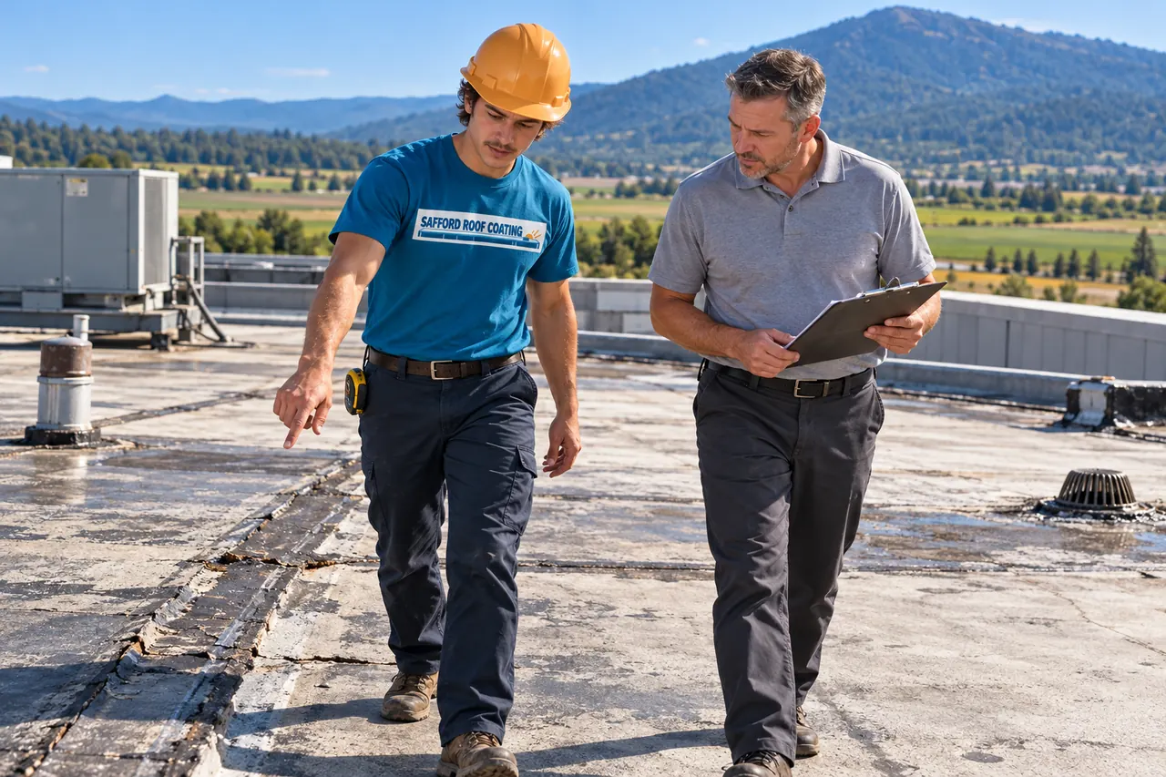 Roofer pointing out an open seam to a facility manager on a low-slope roof