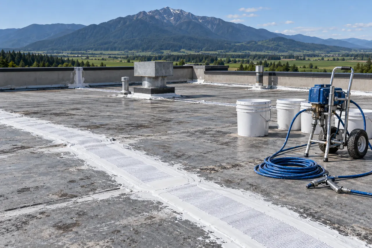 Seam fabric and base coat laid along membrane seams with a sprayer staged nearby