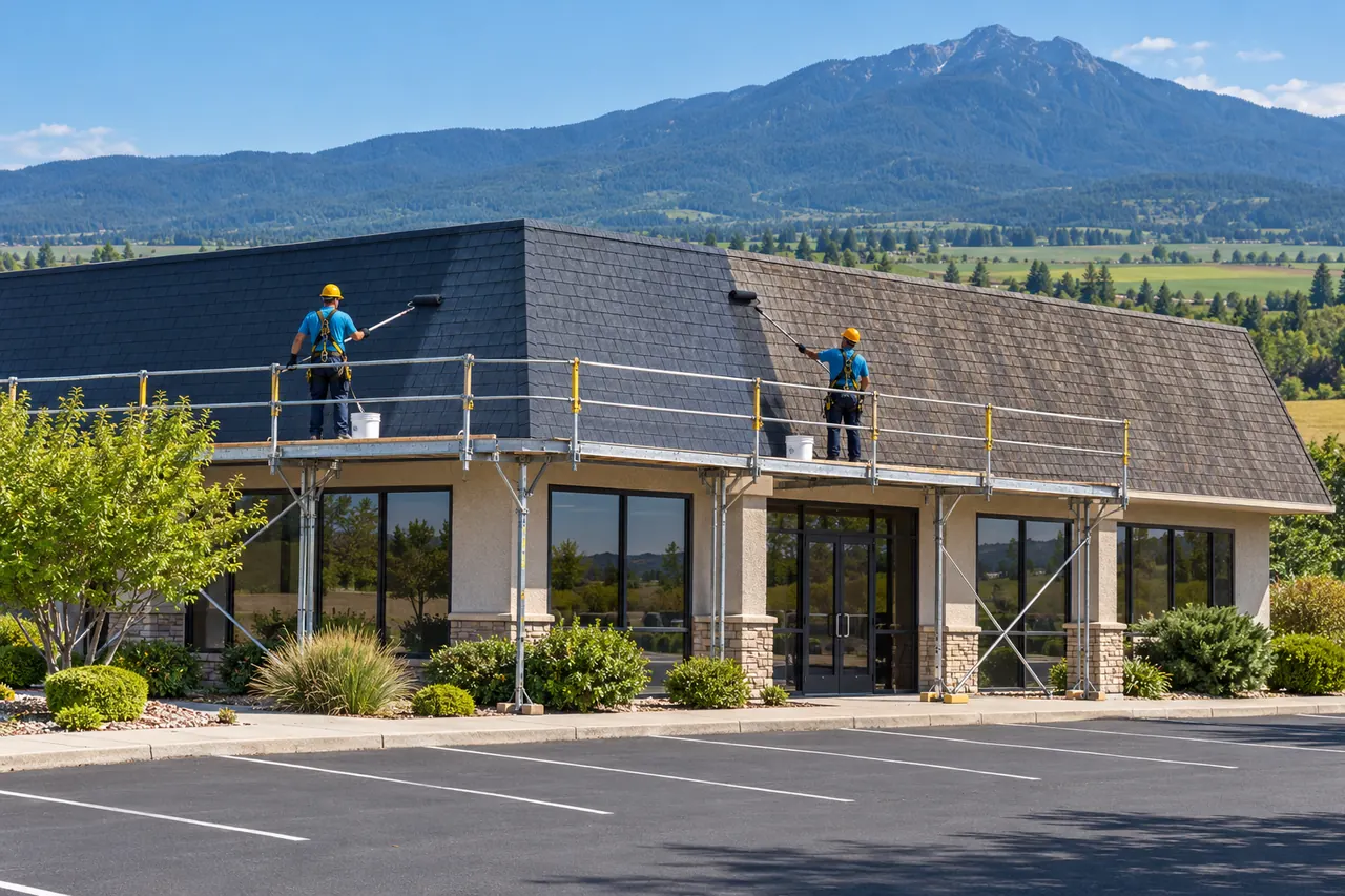 Roofers on scaffolding coating aged shingles on a one-story commercial building
