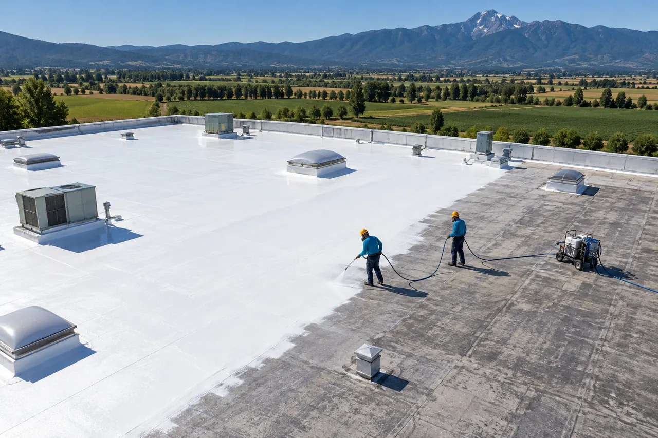 Crew spraying white silicone over part of a low-slope roof with skylights