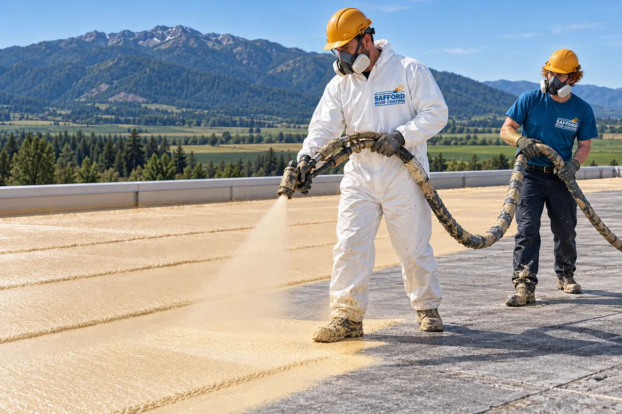 Roofer in a spray suit applying polyurethane foam to a flat roof