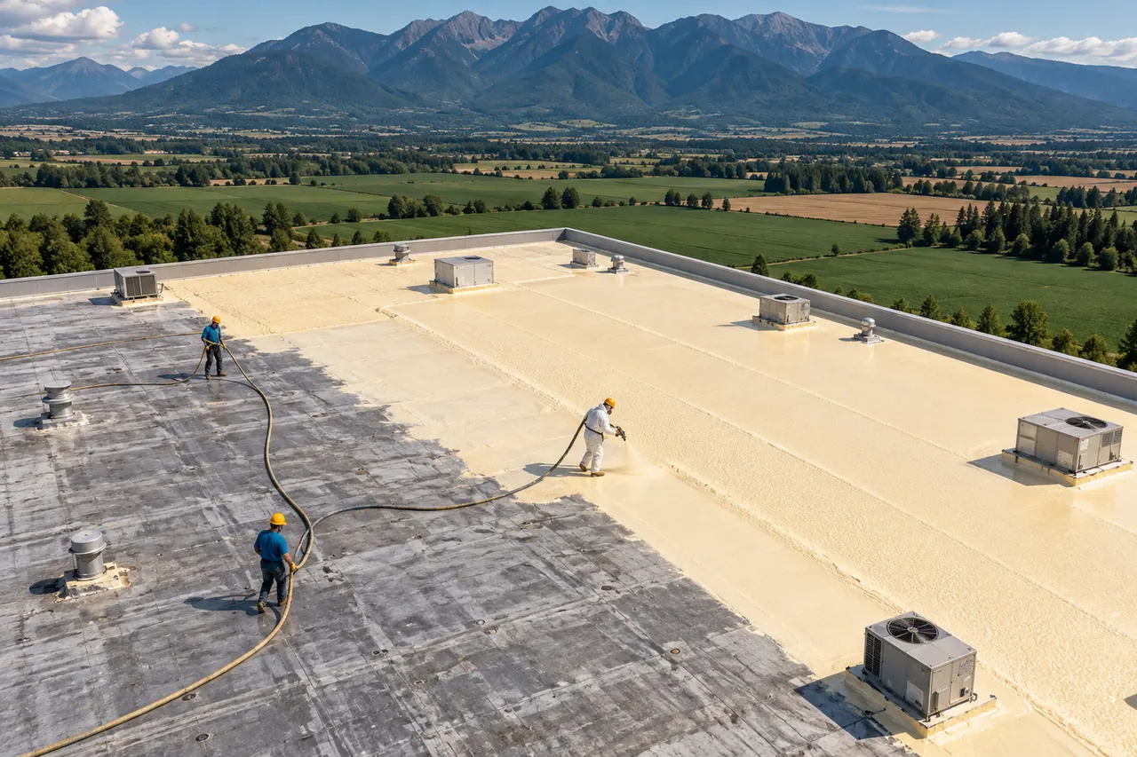 Flat commercial roof partly covered in fresh spray foam with hose lines